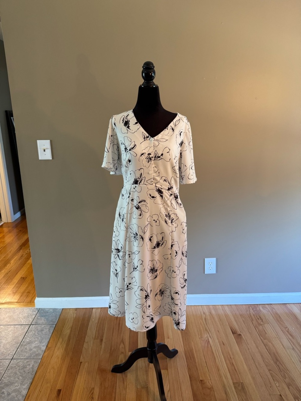 Ann Taylor Cream Midi Dress with Black Floral Print